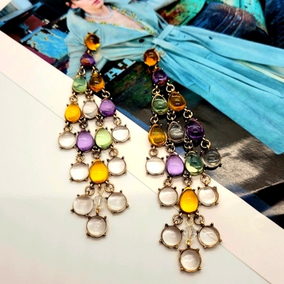 NWT Bohemian Colorful Crystal Dangle Gold Chandelier Earrings - Picture 10 of 15